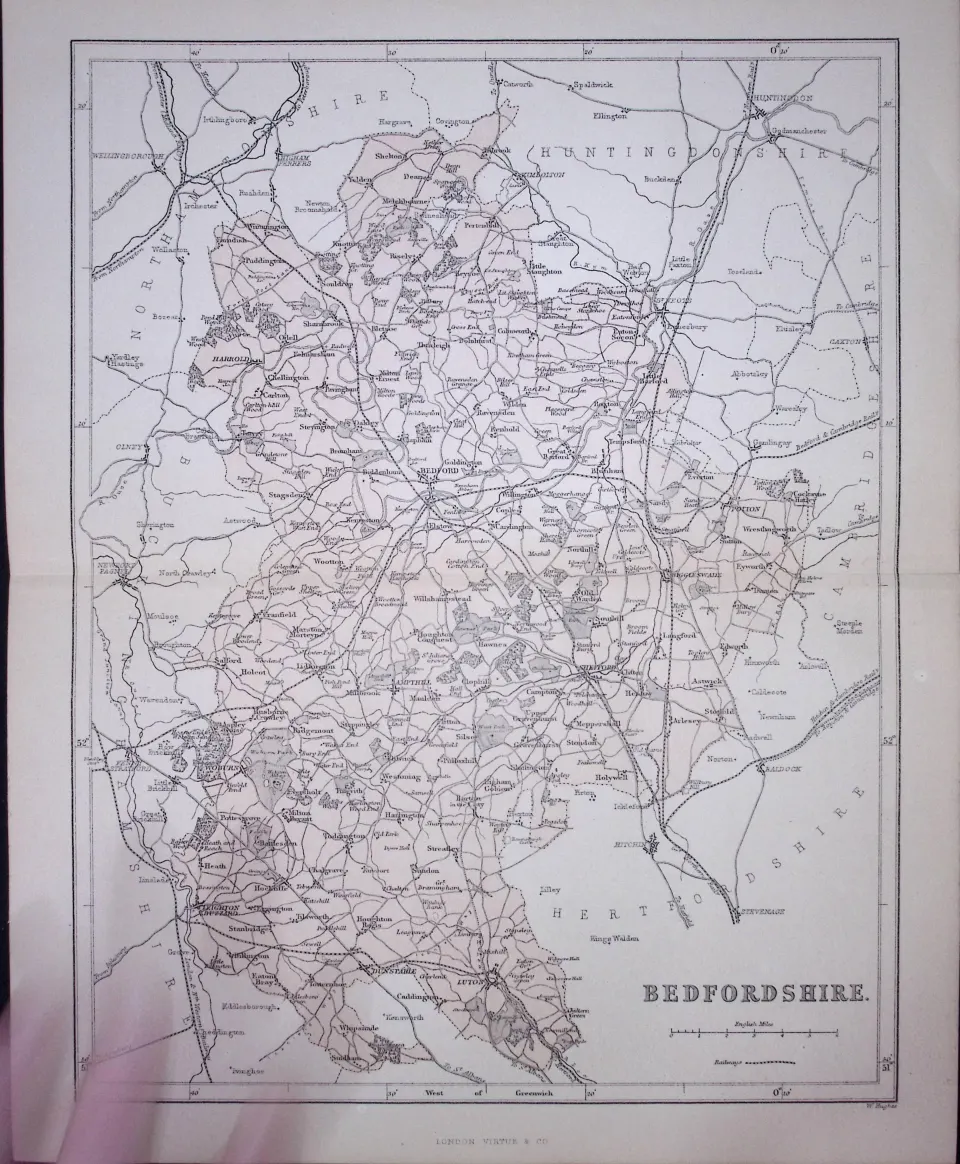 Bedfordshire 150 Years-Old 1875 Coloured Detailed Antique 1875 Map-63