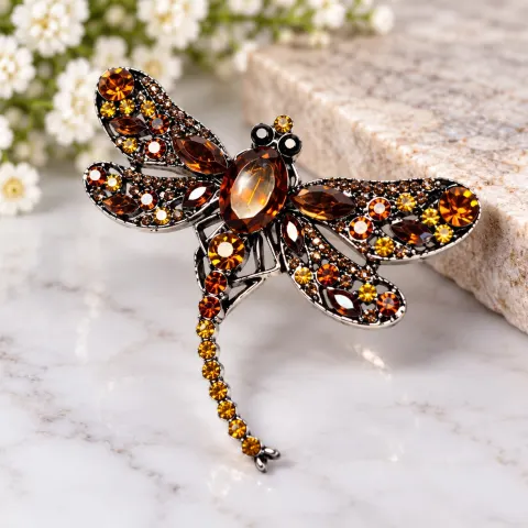 Amber Crystal Dragonfly Brooch