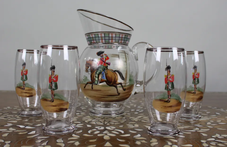Vintage Highland Soldiers Water Jug & Glasses Set