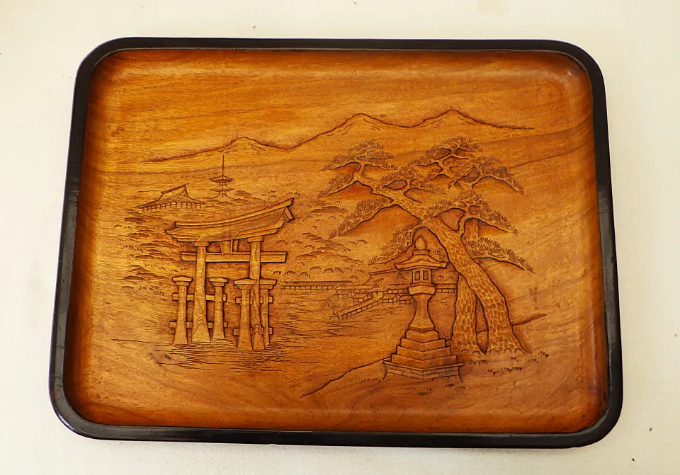 Japanese Wooden Tray With Detailed Hand Carving of Itsukushima