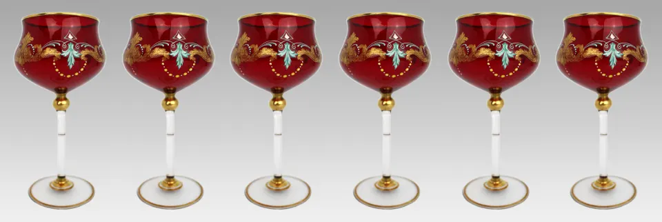 Set of 6 Vintage Italian Enamelled & Gilt Ruby Red Glass Goblets, c.1950s