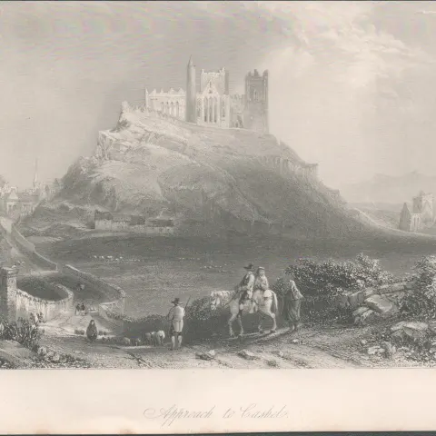 Antique Steel Engraving 1850s Cashel Abbey & Rock.