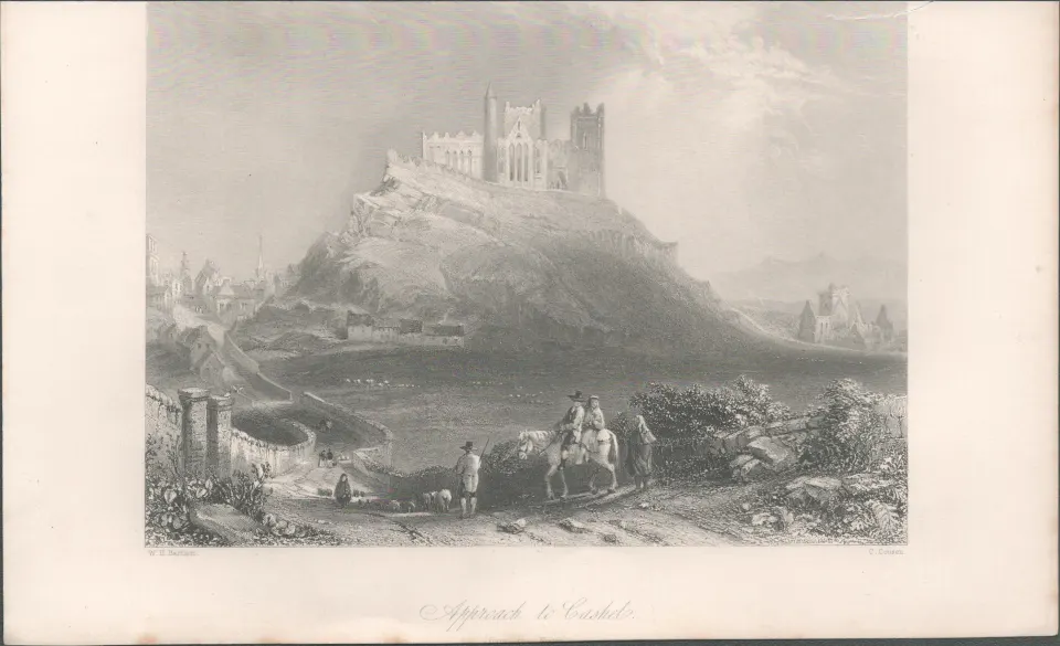 Antique Steel Engraving 1850s Cashel Abbey & Rock.