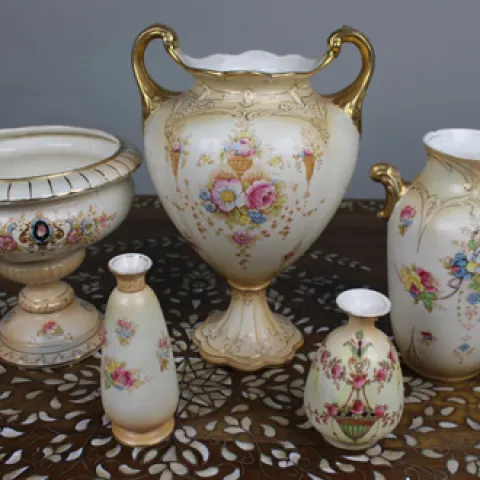 Collection of 5 Antique Crown Devon Blush Ware Vases & Bowls