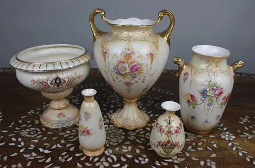 Collection of 5 Antique Crown Devon Blush Ware Vases & Bowls