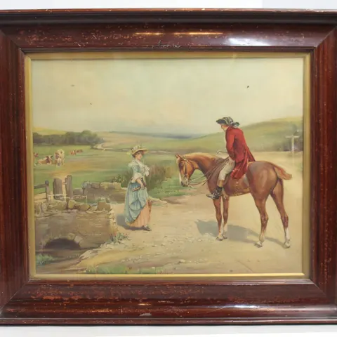 Antique 19th c. Coloured Country Print Set in Frame