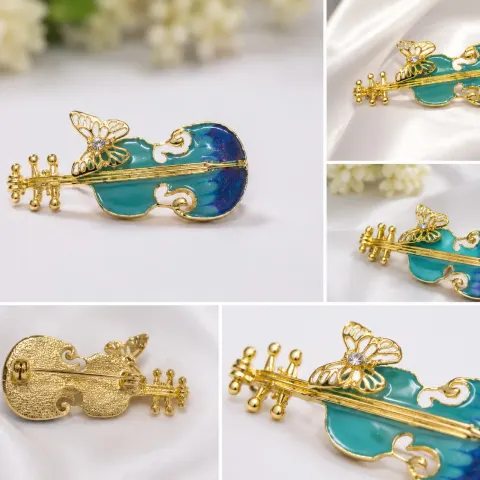 Enamel Violin & Butterfly Brooch – Gold Tone