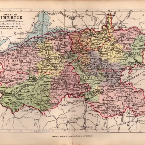 County Of Limerick Ireland Antique Detailed Coloured Victorian Map.