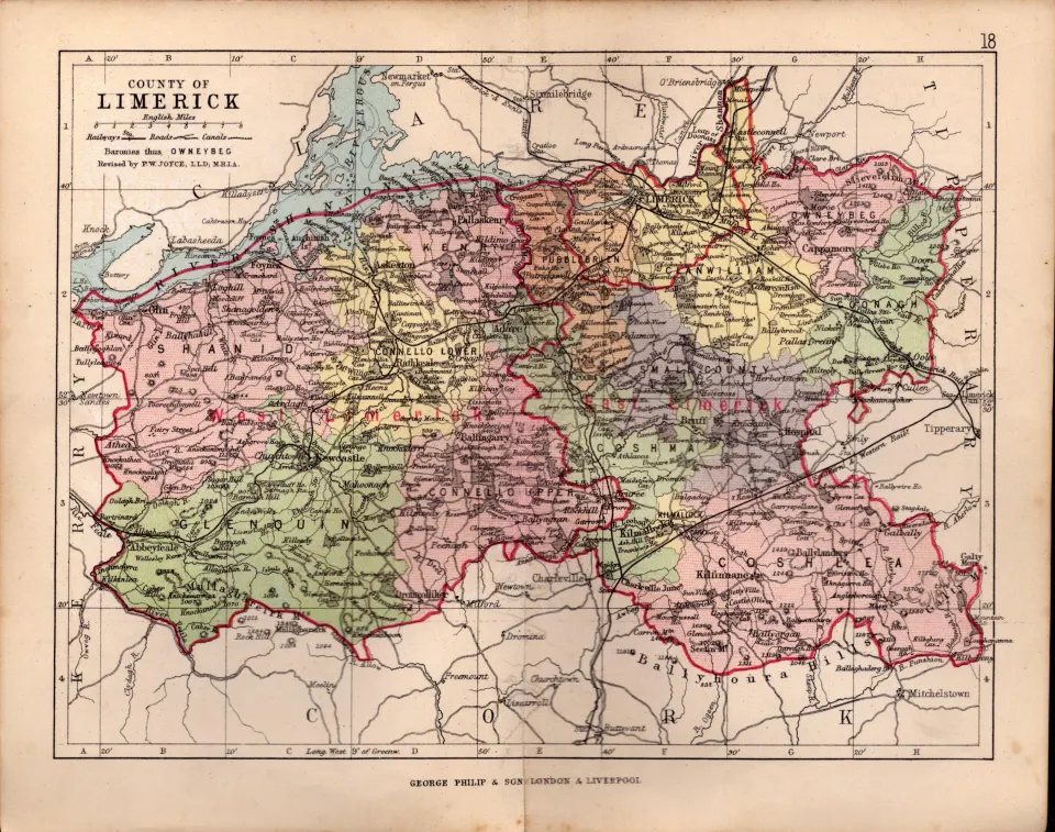 County Of Limerick Ireland Antique Detailed Coloured Victorian Map.