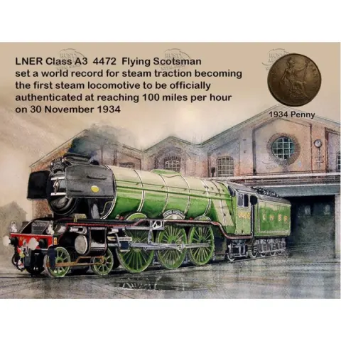 Flying Scotsman Train 100 mph 1934 Speed Record Metal Art Coin Display Set 2