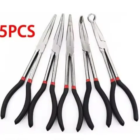 5-Piece Long Nose Pliers Set – Straight & Curved Precision Repair Pliers (11″ Steel)