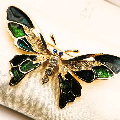 Large Vintage Gold Plated Enamel & Crystal Butterfly Brooch with Gift Pouch