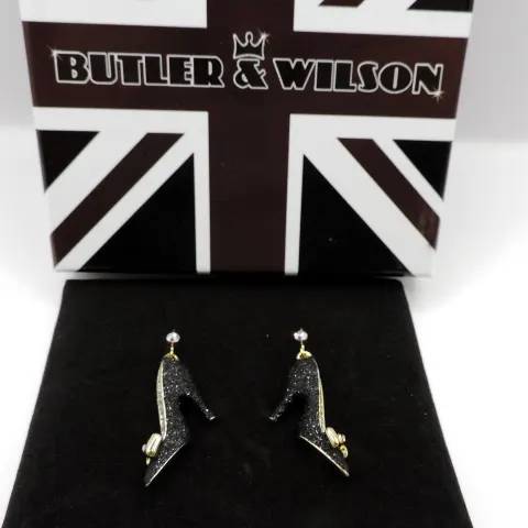 Butler & Wilson Black Sparkle Shoe Earrings New With Gift Box