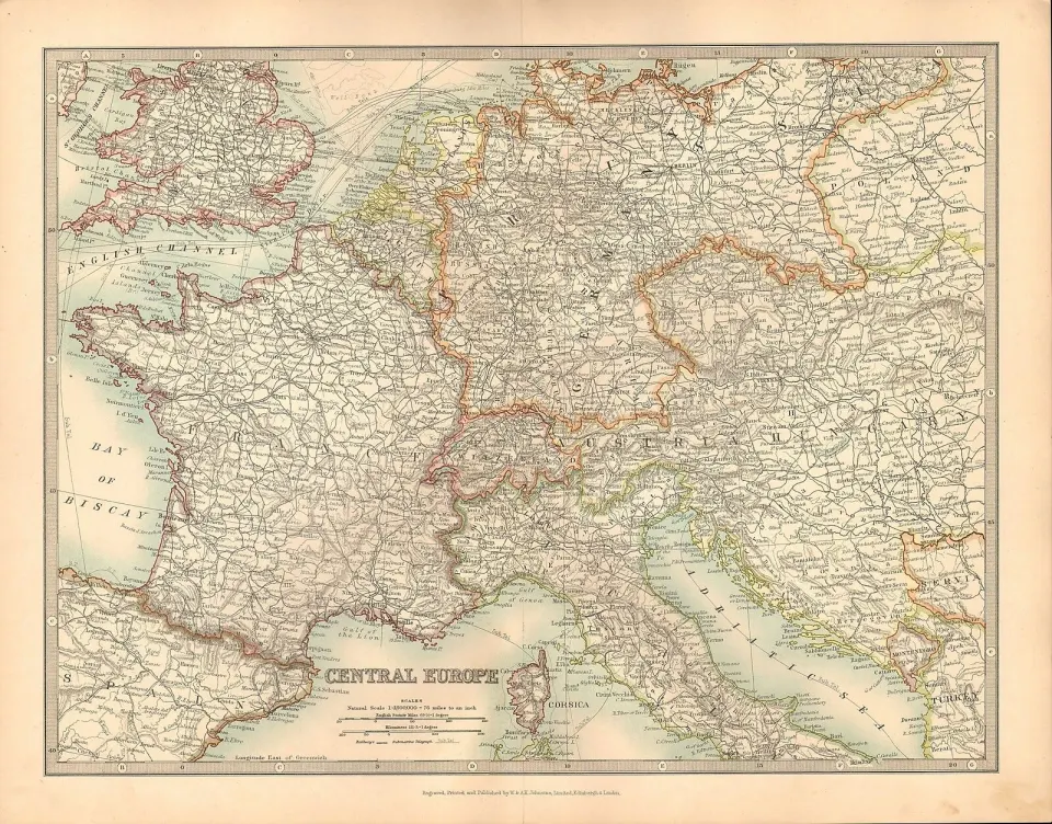 Central Europe France Germany Italy Etc Large  Coloured Map Antique Map.