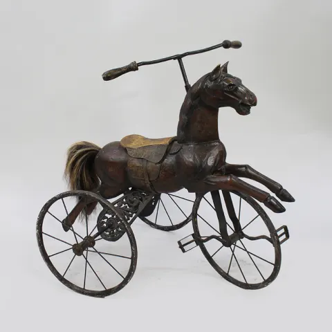 Early 20th c. Carved Wooden Horse on Tricycle