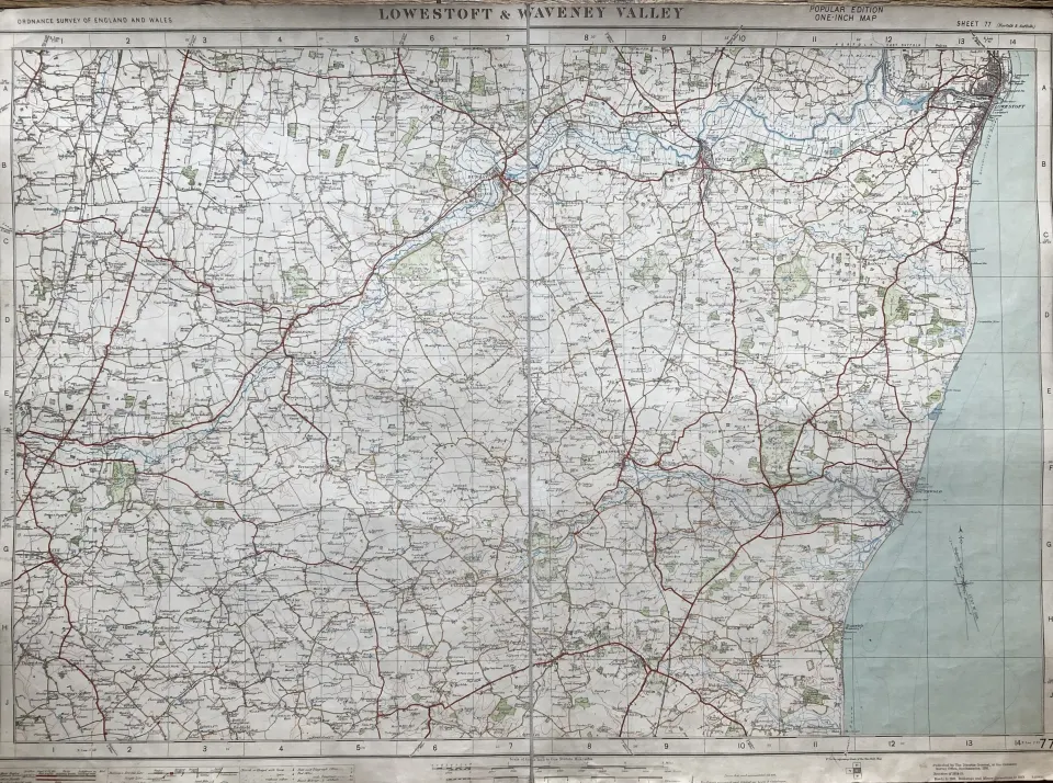 Lowestoft & Waveney Valley Cloth Backed Vintage 1933 Engineering Map.