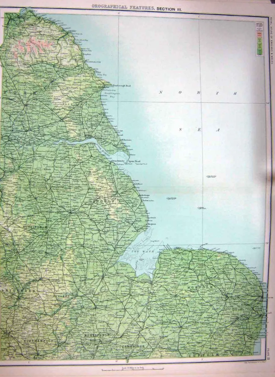 Victorian 1897  Orographical Map  Suffolk, Norfolk, Cambridge, Lincoln.