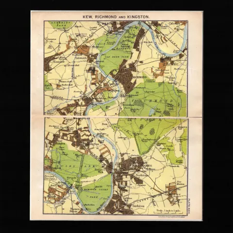 London District Kew, Richmond & Kingston Mounted Antique Map.