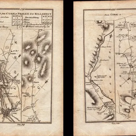 Ireland Rare 1778 Antique 247 Yr-Old Road Map Cork Blarney to Tralee & Killarney.