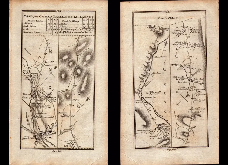 Ireland Rare 1778 Antique 247 Yr-Old Road Map Cork Blarney to Tralee & Killarney.