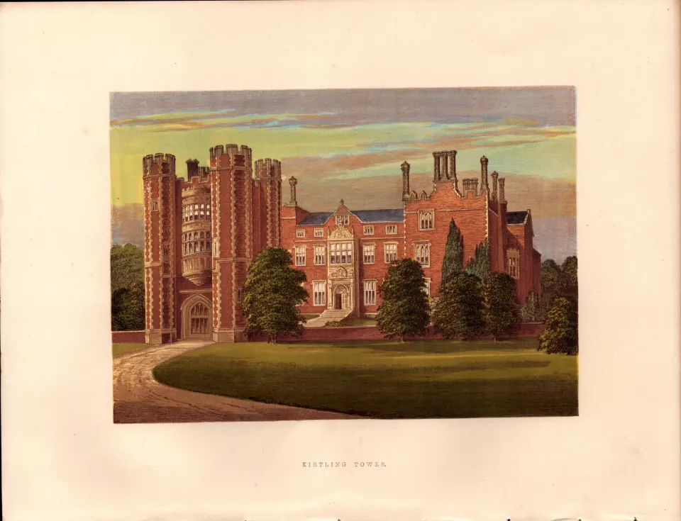 Kirtling Tower Cambridgeshire Gilt-Edge Coloured Antique Book Plate.