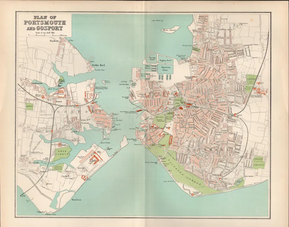 Plan Of Portsmouth  Victorian 1894 Coloured Antique Map.