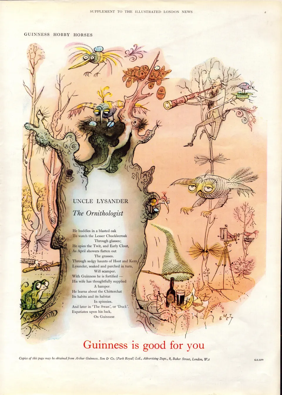 Original 65-Year-Old 1959 Guinness Print The Ornithologist– GE 3270  #-10.
