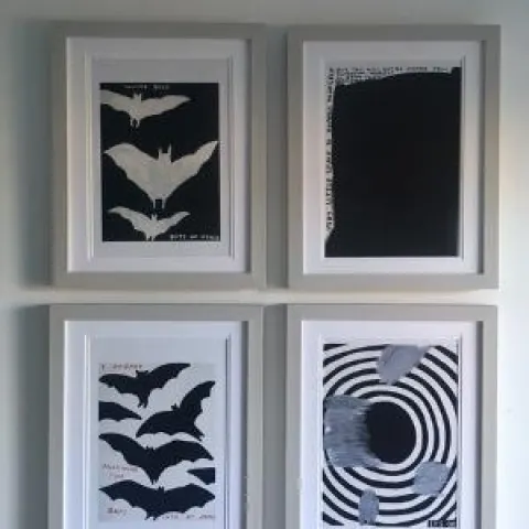David Shrigley OBE (b 1968) ‘Gothic Bats’, Four Humorous Wall Hangings, Animal Thoughts, 2020