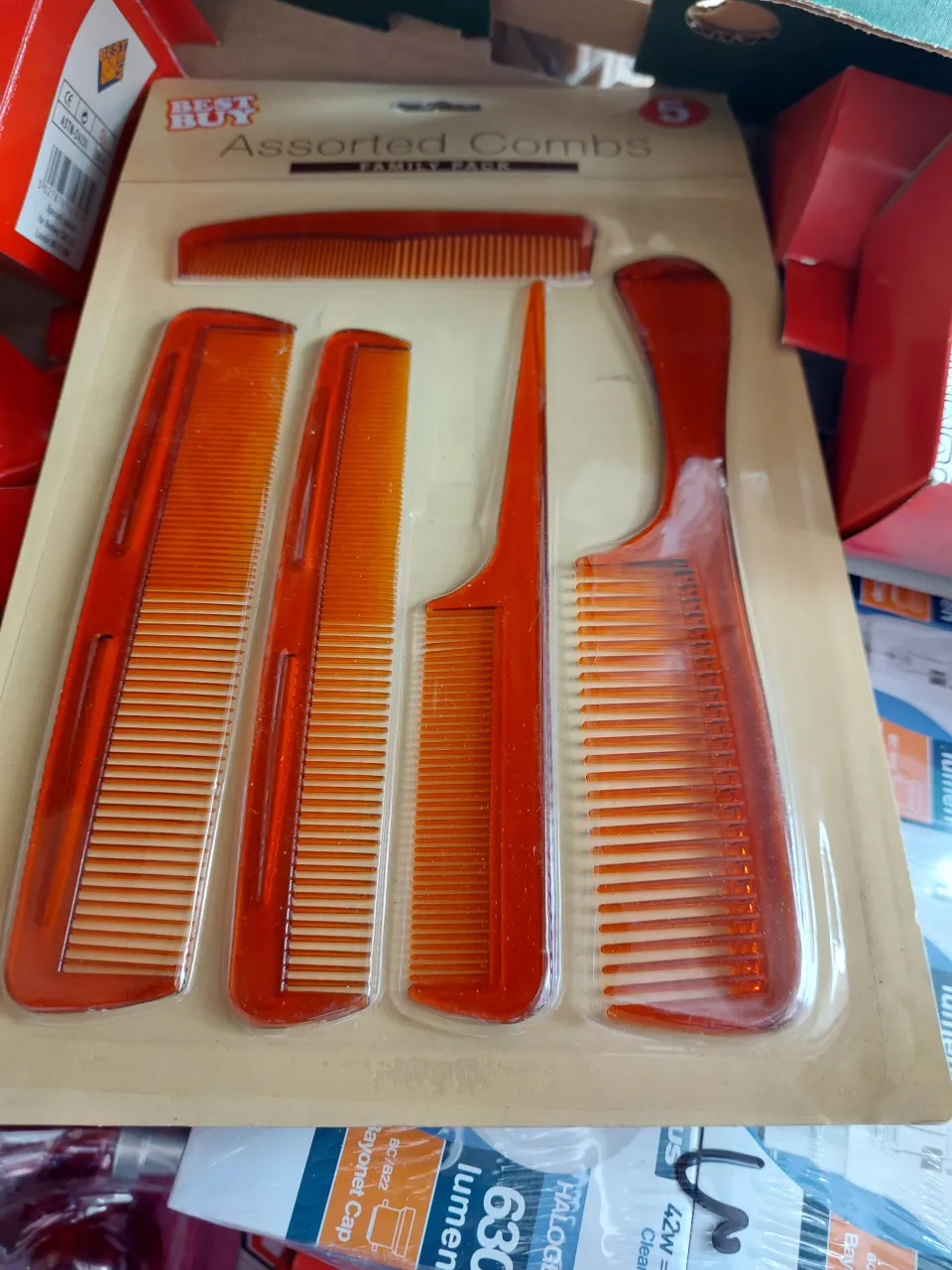 Mixed box, light bulbs, Boom sticker packs, office supplies, combs