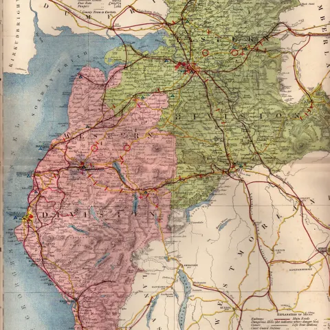 County of Cumbria & The Lake District Large Victorian Letts 1884 Antique Coloured Map.