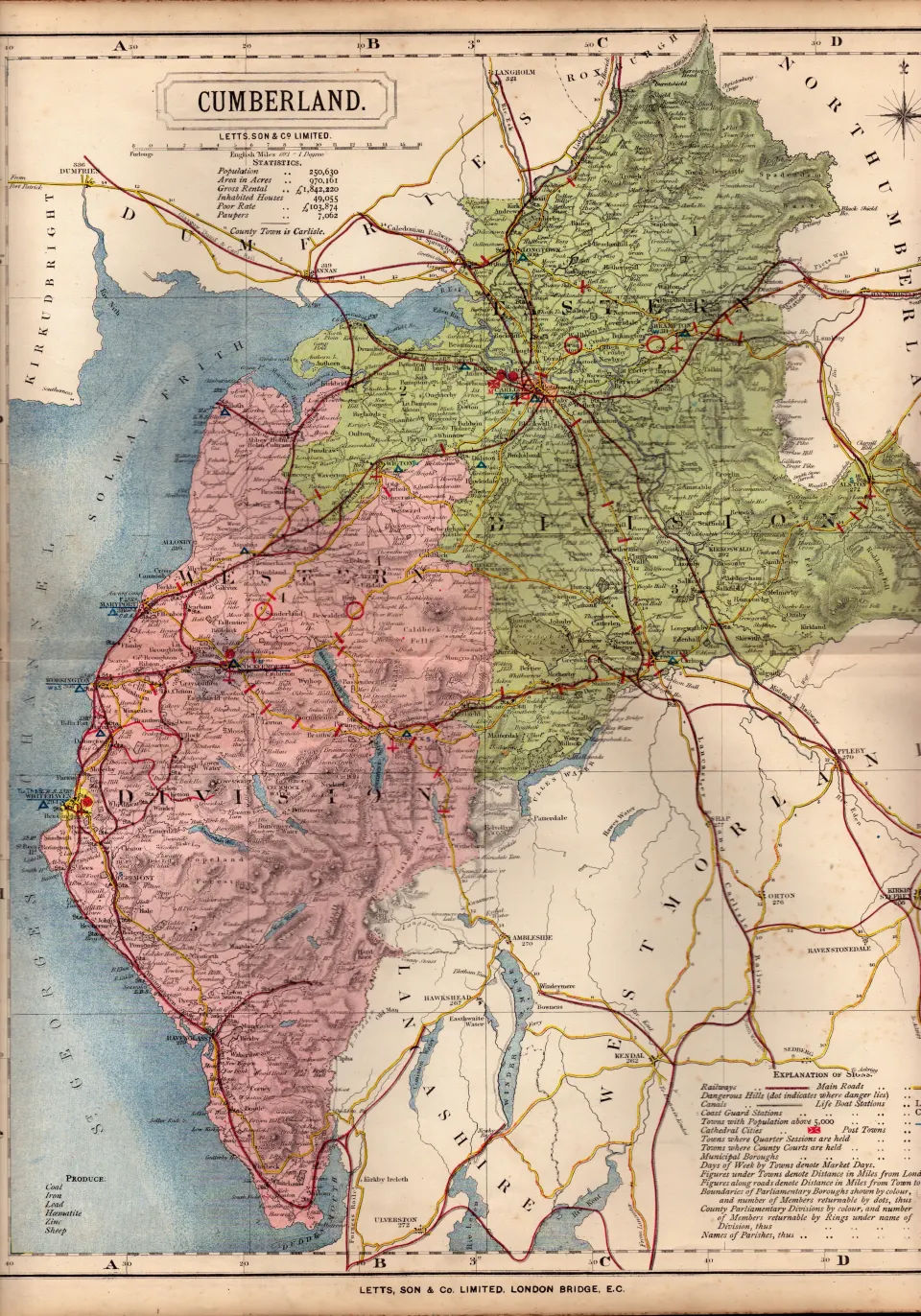 County of Cumbria & The Lake District Large Victorian Letts 1884 Antique Coloured Map.