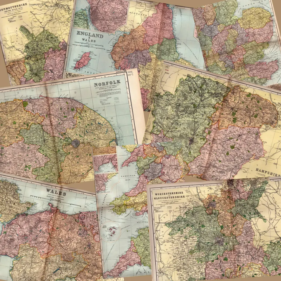 Collection of 11 Coloured Victorian Large Map GW Bacon 1899 Set 3.