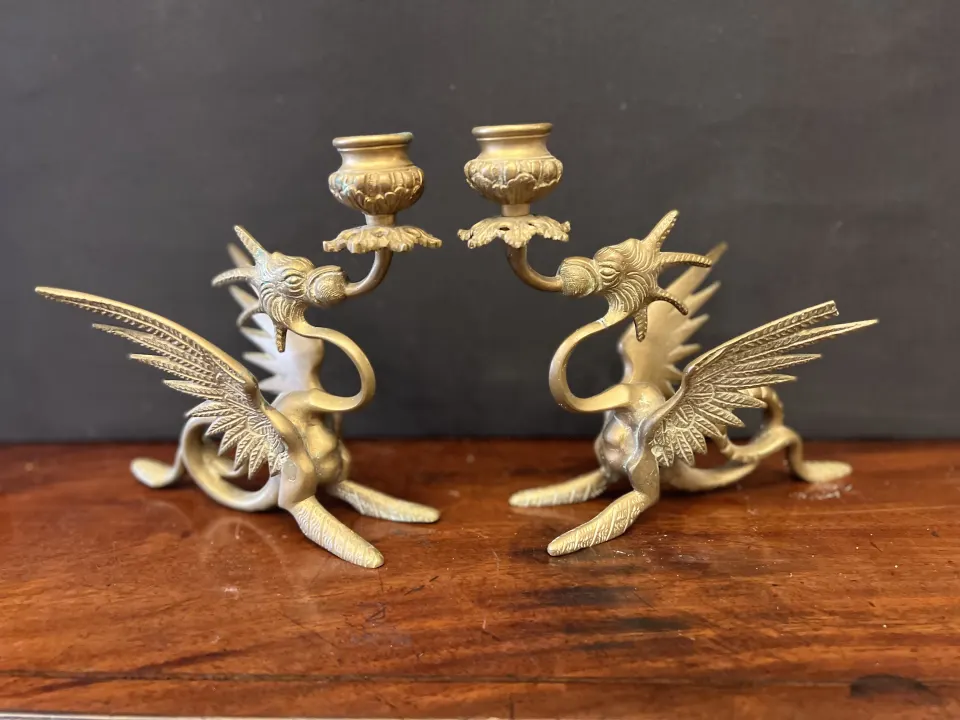 Pair of brass dragon candlesticks