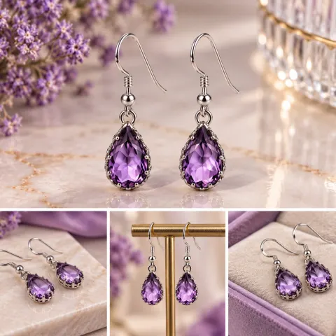 925 Sterling Silver Natural Amethyst Teardrop Drop Earrings