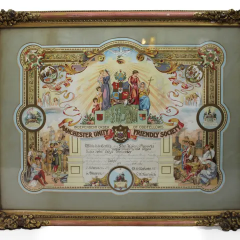 Edwardian Coloured Calligraphic Freemason Artwork Set in Gilt Frame