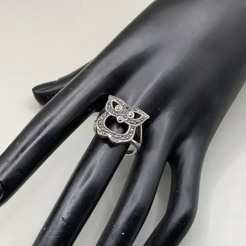 Vintage Greek Designer Hellas 925 Silver Marcasite Owl Ring Size Q EU8