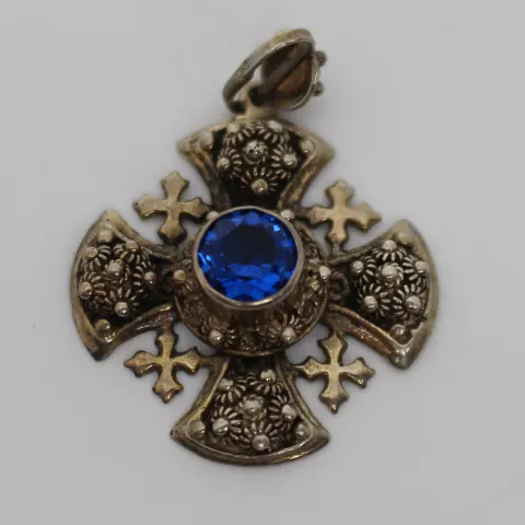 Medieval Style Silver Cross Set with Blue Stone