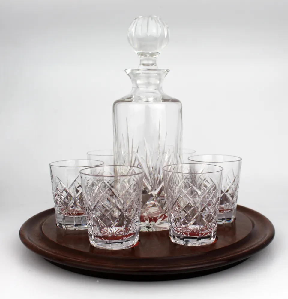 Cut Glass Crystal Decanter & 6 Glasses on Mahogany Stand