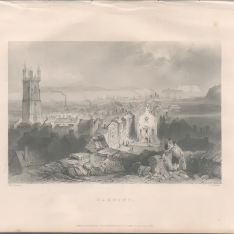 Cardiff Wales   Antique 1842 Steel Engraving.