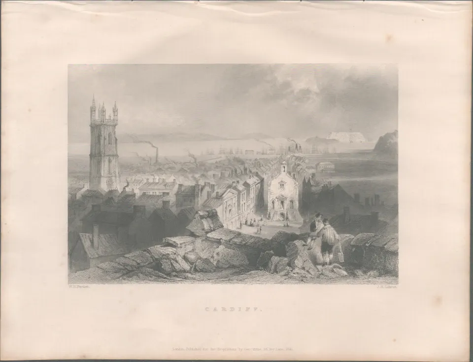 Cardiff Wales   Antique 1842 Steel Engraving.