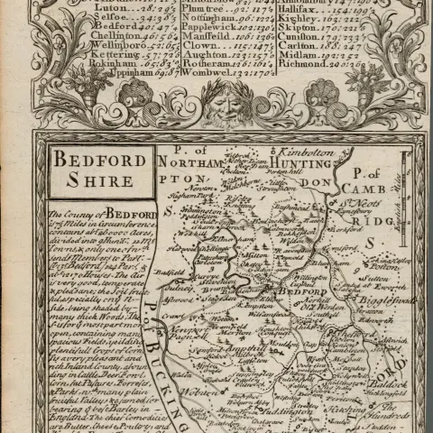 Britannia Depicta E Bowen c1730 Map Bedford Biggleswade Ampthill Woburn.