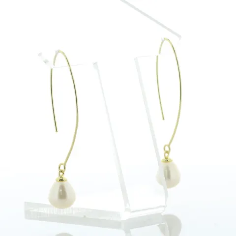8.5 - 9.0mm Freshwater Cultured Pearl Gold Plated Oval Hoop Silver Earrings