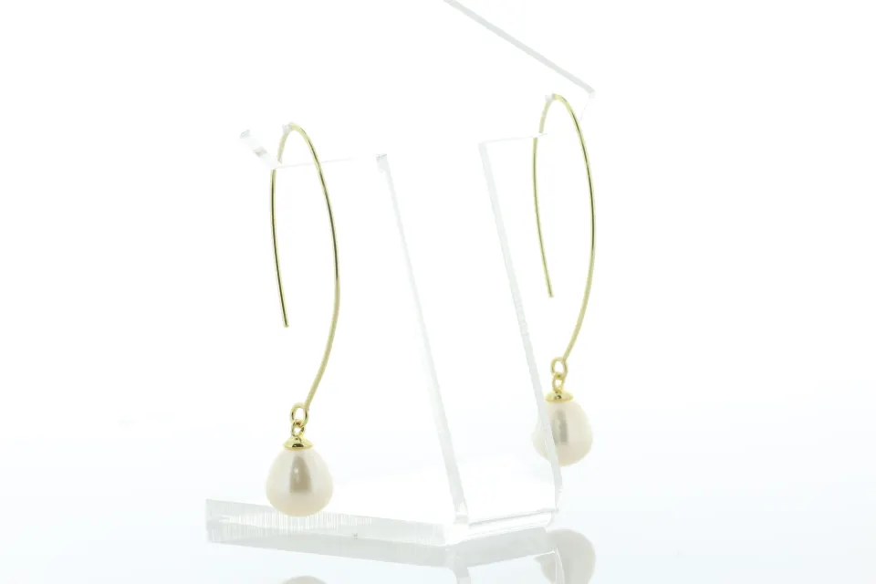 8.5 - 9.0mm Freshwater Cultured Pearl Gold Plated Oval Hoop Silver Earrings