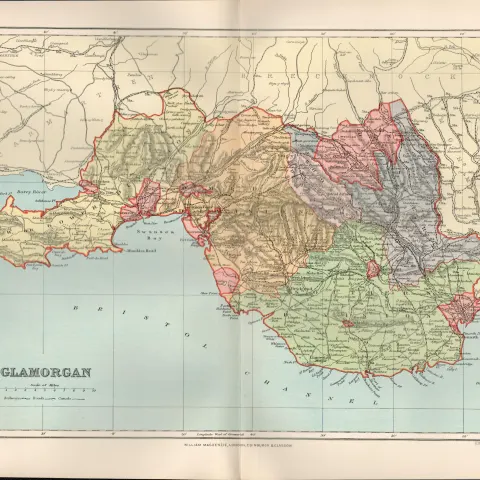 County Of Glamorgan Wales Victorian 1894 Coloured Map.