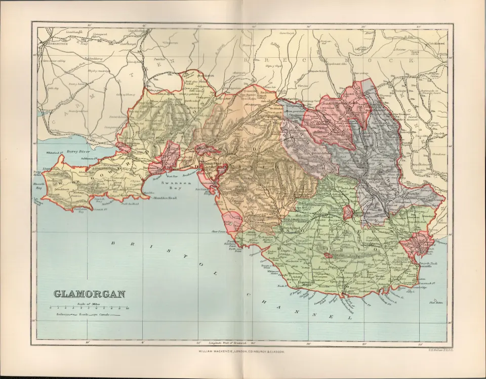 County Of Glamorgan Wales Victorian 1894 Coloured Map.