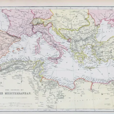 The Shores of The Mediterranean Victorian 1882 Blackie Map.