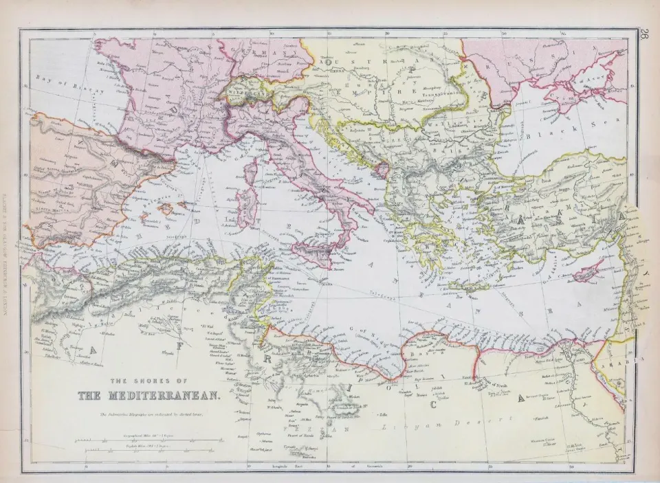 The Shores of The Mediterranean Victorian 1882 Blackie Map.