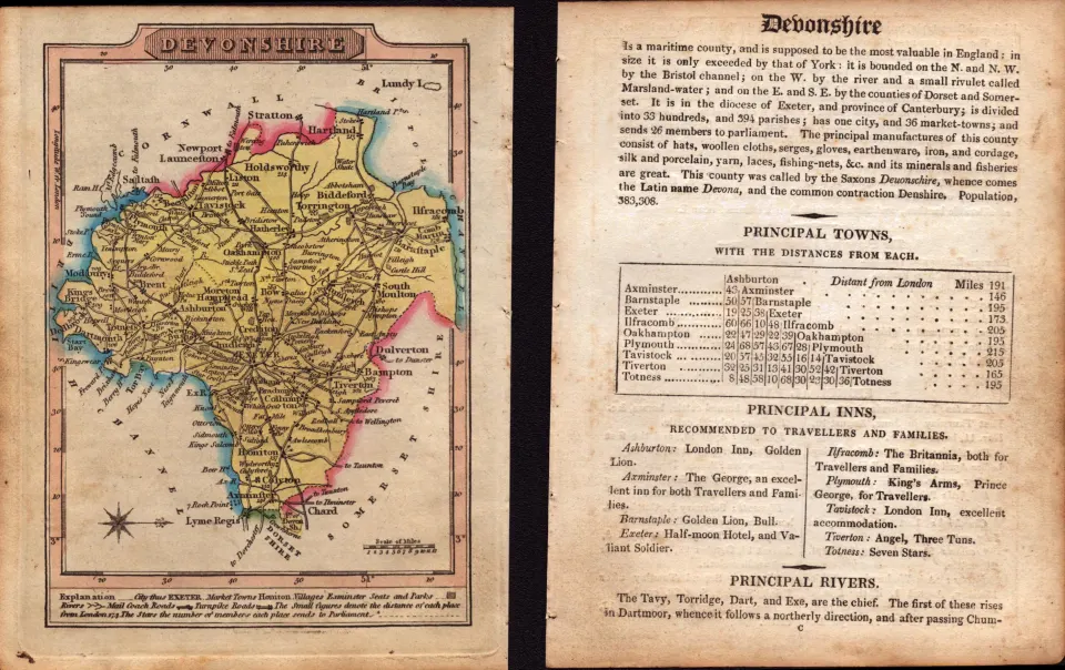 Devonshire Engraved Hand Coloured George IV. Antique Map & Text.