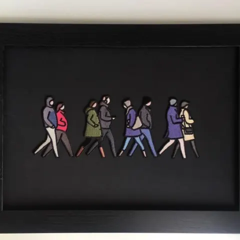 Julian Opie (1958-) ‘London Couples’, Embroidered Figurines On Board, Framed, 2021