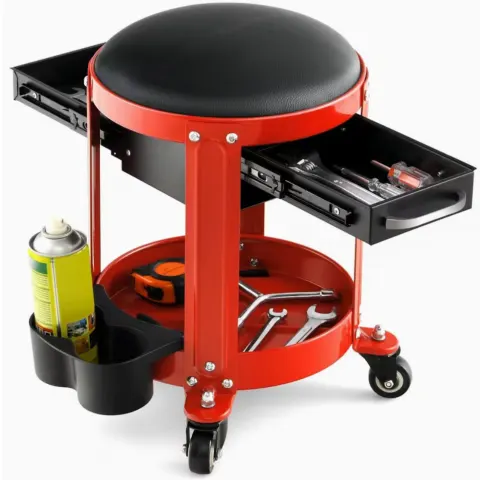 Rolling Workshop Creeper Seat Mechanic Stool With Removable Padded Seat & 2 Drawers
